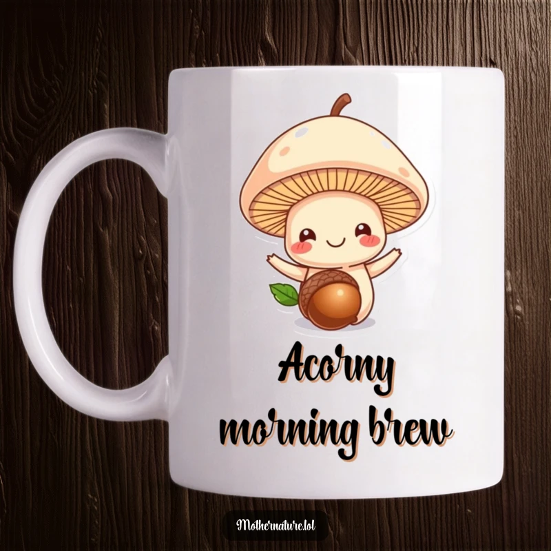 Funny mushroom mug, smiling cap balancing an acorn on its head, whimsical woodland creature, delightful nature-themed gift.