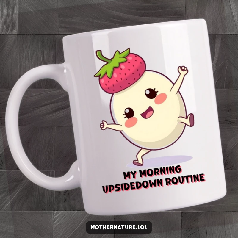 Funny mug showing a determined plump berry mid-cartwheel, radiating athletic energy and joyful silliness. Perfect for a laugh.