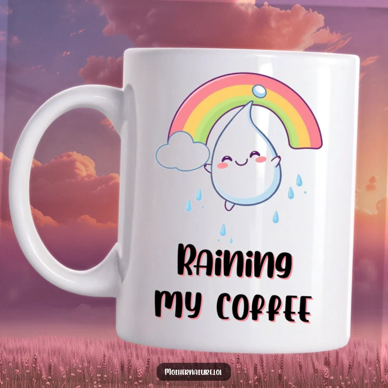 Funny mug showing a plump, smiling raindrop character gleefully sliding down a vibrant, colorful rainbow with pure delight.
