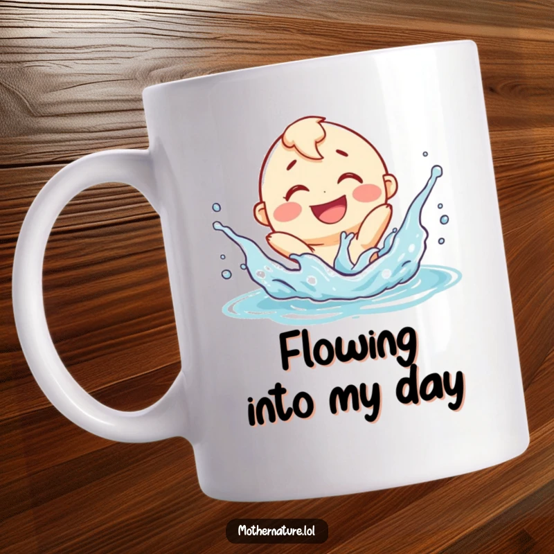 Funny smiling river character mug, playfully splashing with a delighted expression, embodying cheerful water vibes.