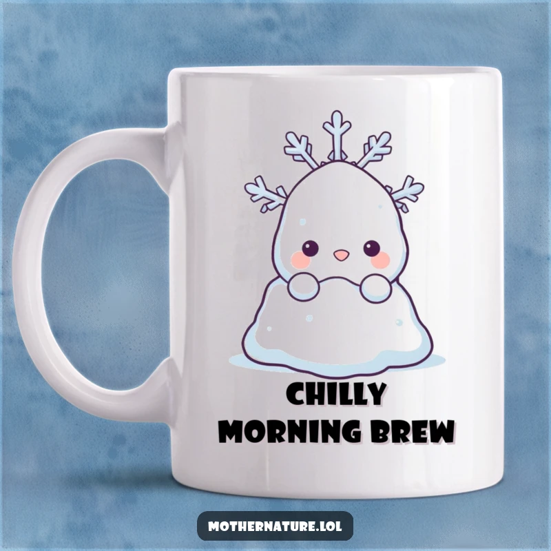 Funny mug with a shy snowdrift character peeking from behind a cheerful snowflake. A cute winter scene.
