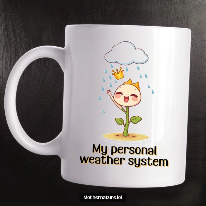Funny sprout mug, wearing a golden crown, joyfully commanding a rain cloud to sprinkle water, radiating botanical happiness.