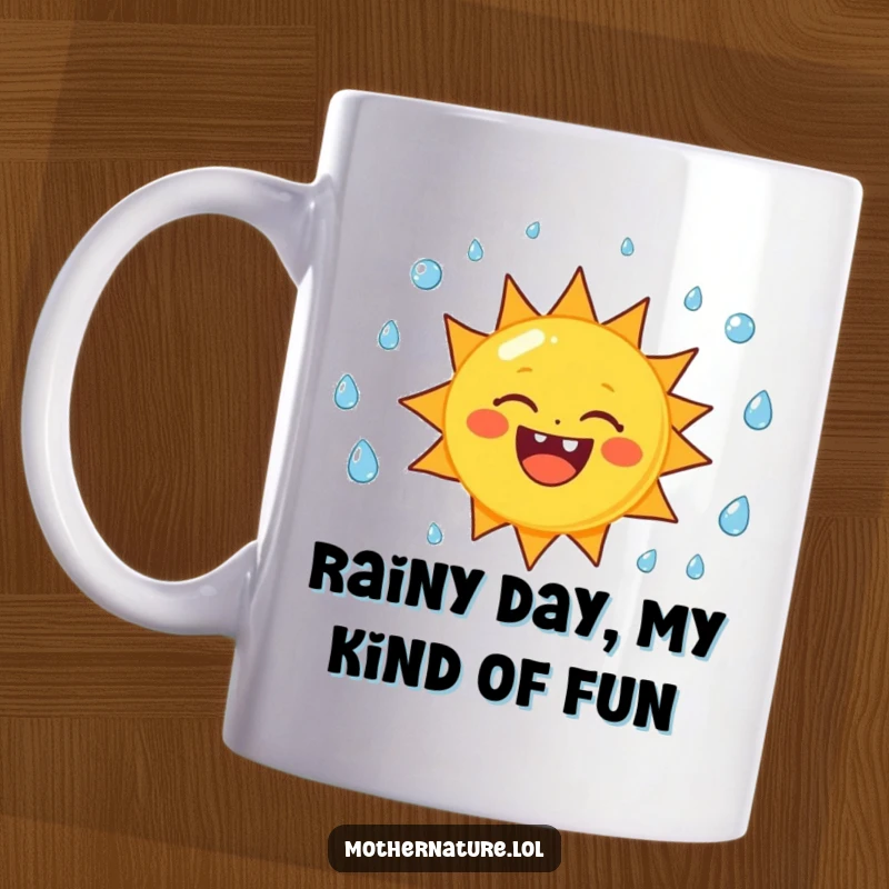 Funny sun character mug, cheerfully juggling raindrops with a wide, toothy smile, spreading joy and humor.