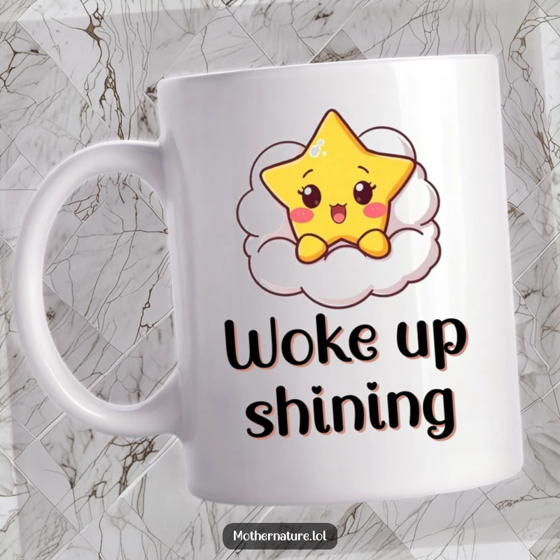 Funny Surprised Star Mug with a tiny character peeking from behind a fluffy smiling cloud, capturing a moment of playful wonder.