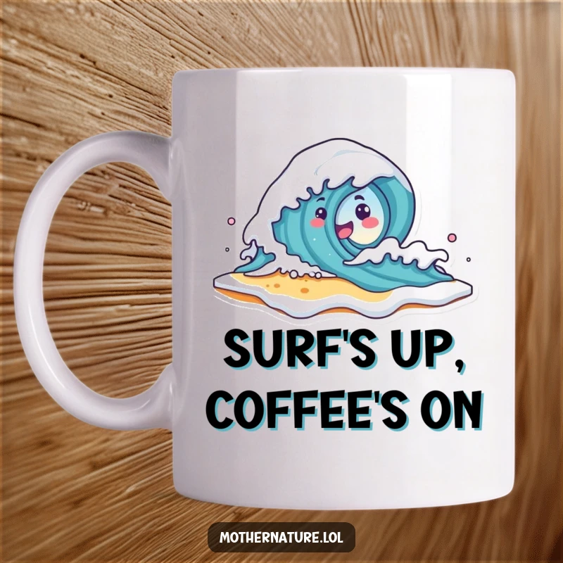 Funny Wave Character Mug showing a cute entity playfully crashing onto a smiling beach shore with foamy splashes, capturing ocean fun.