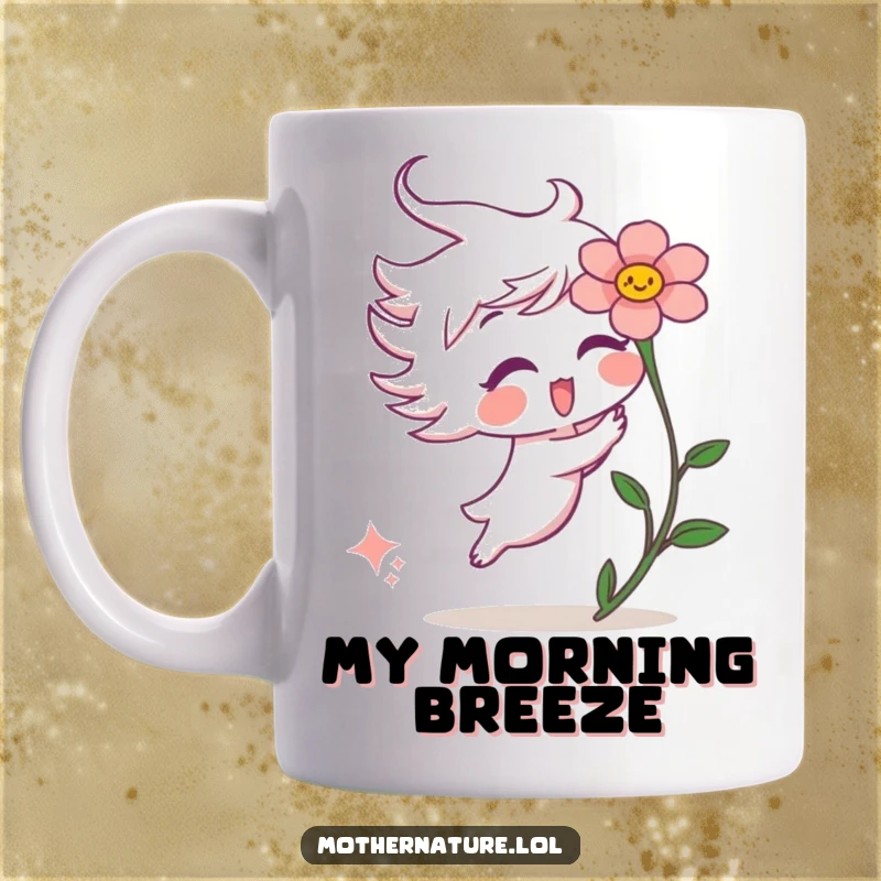 Funny mug depicting a playful wind gust character playfully tickling a small, surprised flower, capturing a moment of lighthearted mischief.