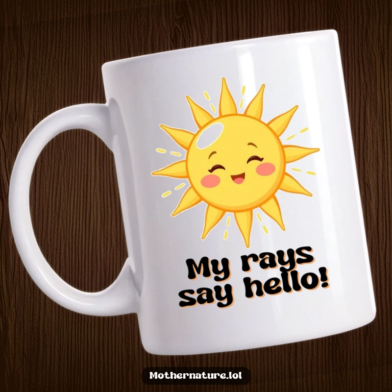Funny sun mug with a winking character showering golden light, radiating warmth and happiness, a perfect cheerful gift.