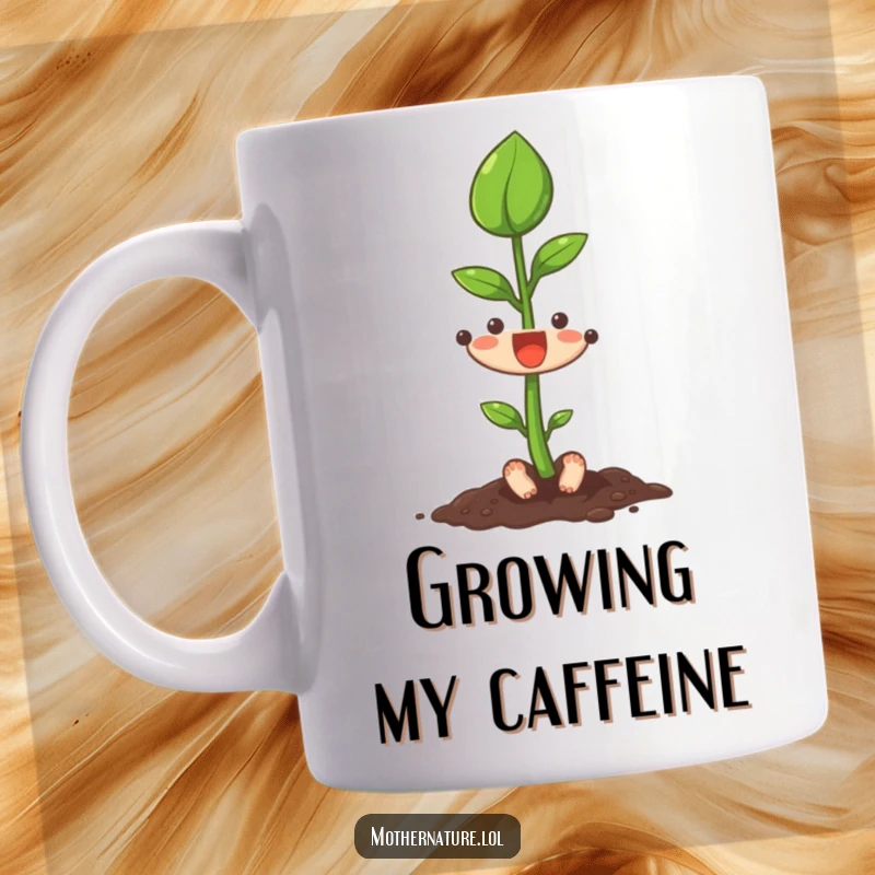 Funny tiny seedling character excitedly stretching its first leaf upwards, symbolizing growth and potential.