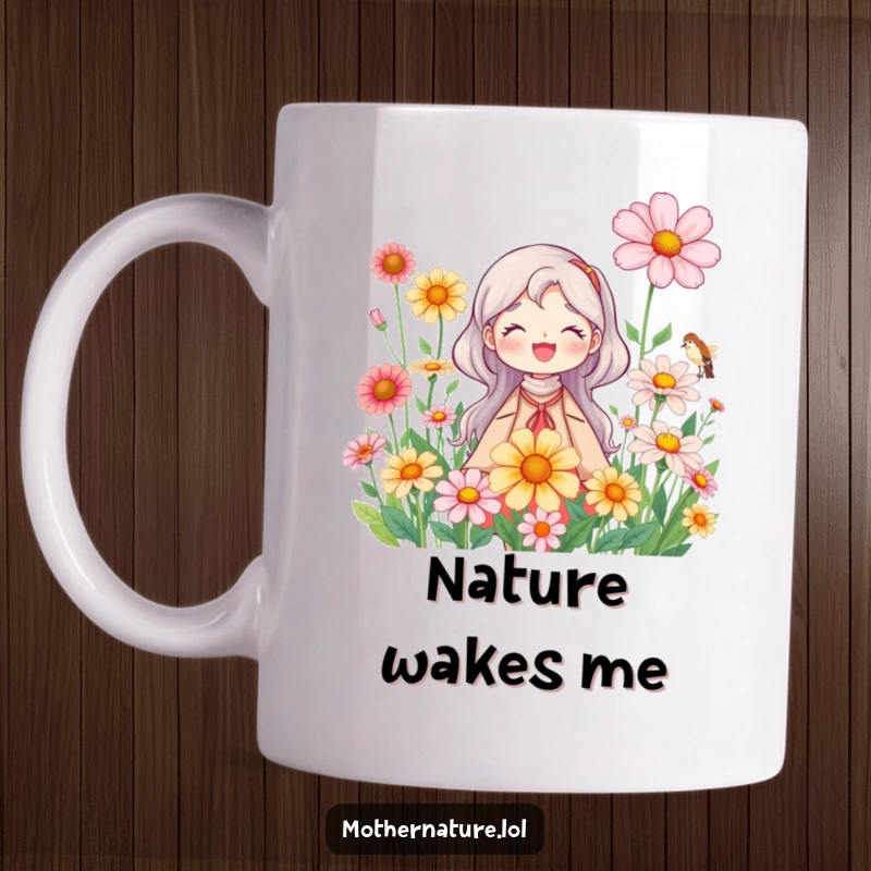 Mother Nature Mug: Smiling character adorned with oversized, blooming wildflowers, radiating natural beauty. A peaceful and lovely gift.
