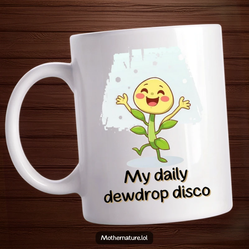 Funny plant mug featuring a cheerful character dancing ecstatically in a light, happy rain shower, embodying pure joy and movement.