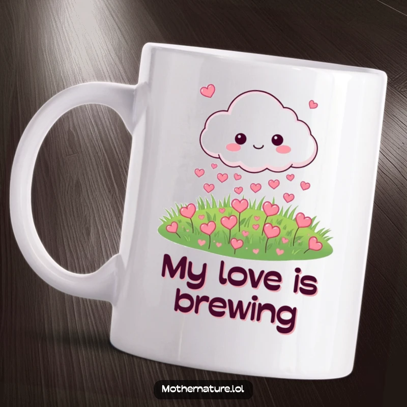Funny mug featuring a cloud character playfully raining tiny hearts onto a green meadow, symbolizing love.