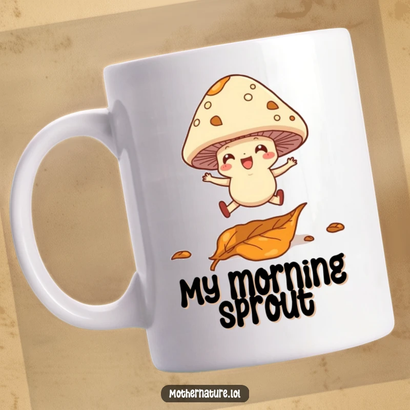 Funny mug showcasing a cheerful mushroom with little legs joyfully leaping over a fallen leaf in a whimsical forest scene.