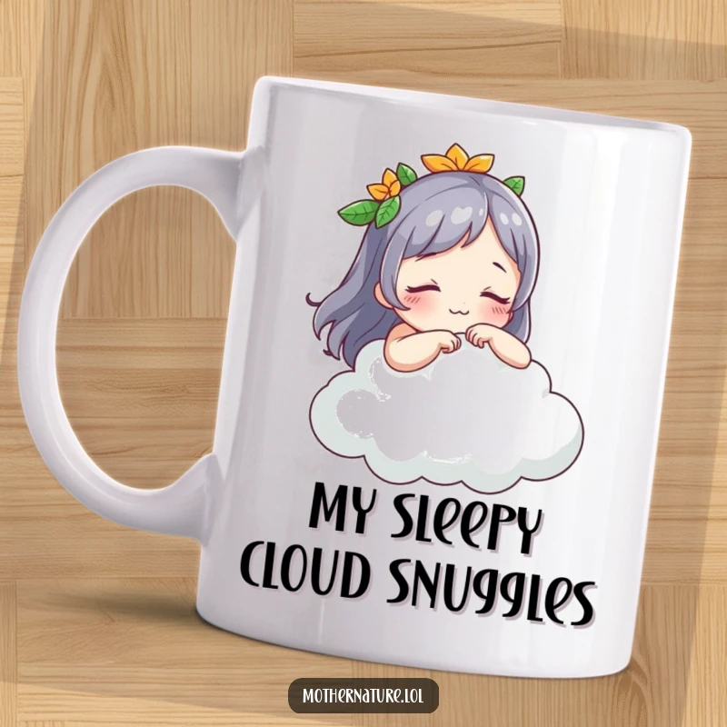 Funny Mother Nature mug, playful character tickling a fluffy sleeping cloud, bringing smiles and joy, perfect gift for nature lovers.