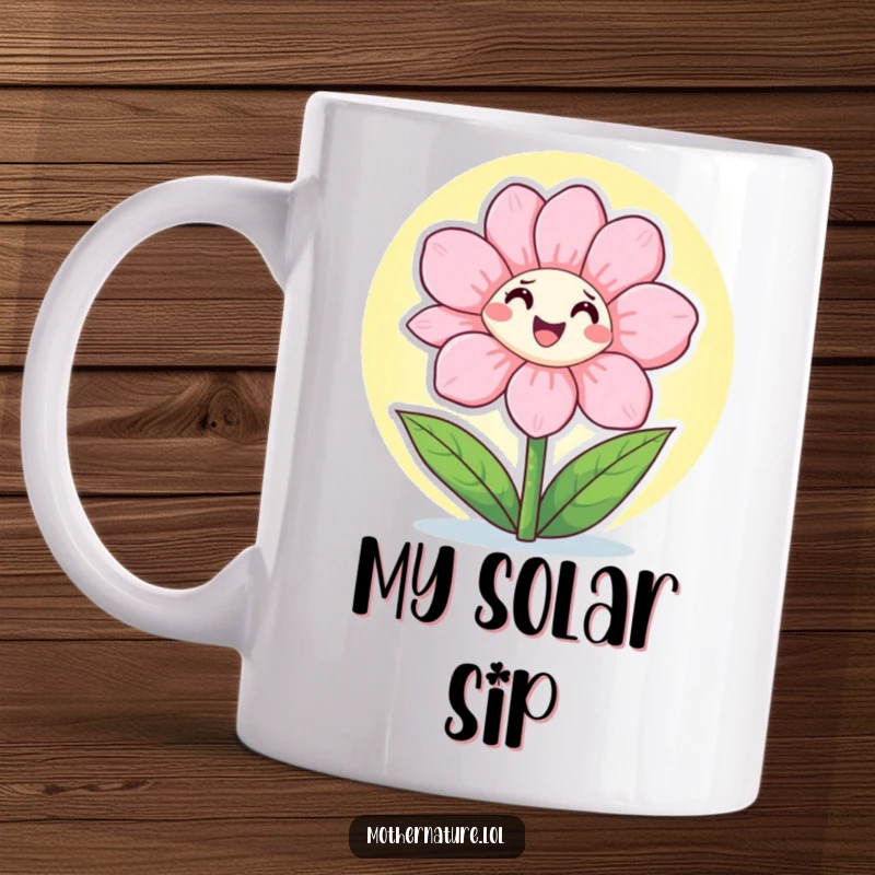 Funny Mug depicting a happy flower character joyfully opening its colorful petals wide to embrace the bright, warm sunshine.