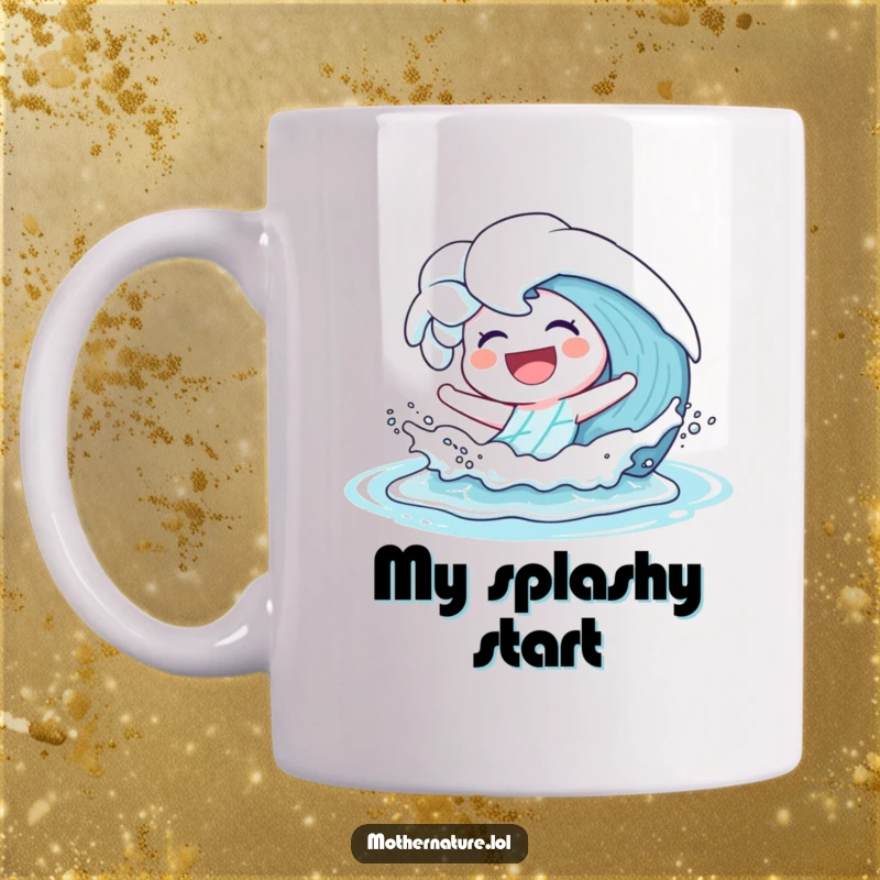 Funny Mug showing a happy wave character playfully splashing with a big laugh as it crashes onto a sunny shore.
