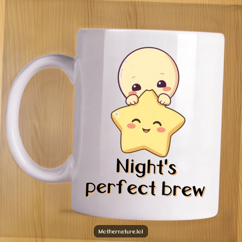 Funny mug with a curious crescent moon character peeking over a happily giggling star. Whimsical night sky.