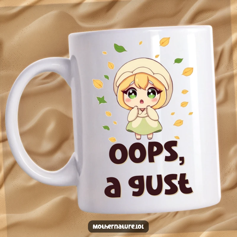 Funny Mother Nature mug, surprised character with wide eyes, gentle breeze blowing leaves everywhere, comical nature scene, perfect gift.