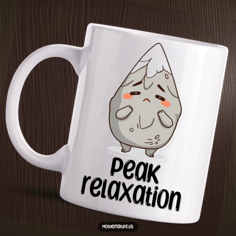 Funny mug featuring an anthropomorphic mountain character shrugging its shoulders with a comical, bemused expression, symbolizing relatable, humorous shrug.