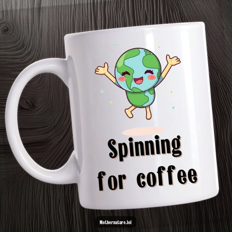 Funny Earth mug featuring a happy character dancing joyfully and spinning with green continents, a celebration of our planet.
