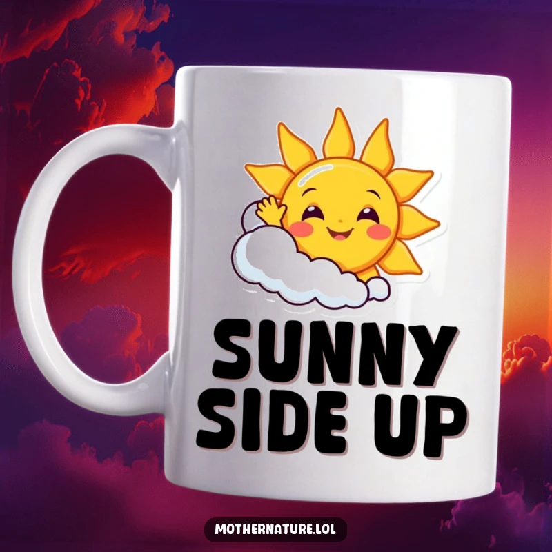 Funny smiling sun character enthusiastically waving from behind a giggling cloud, bringing joy to a mug.