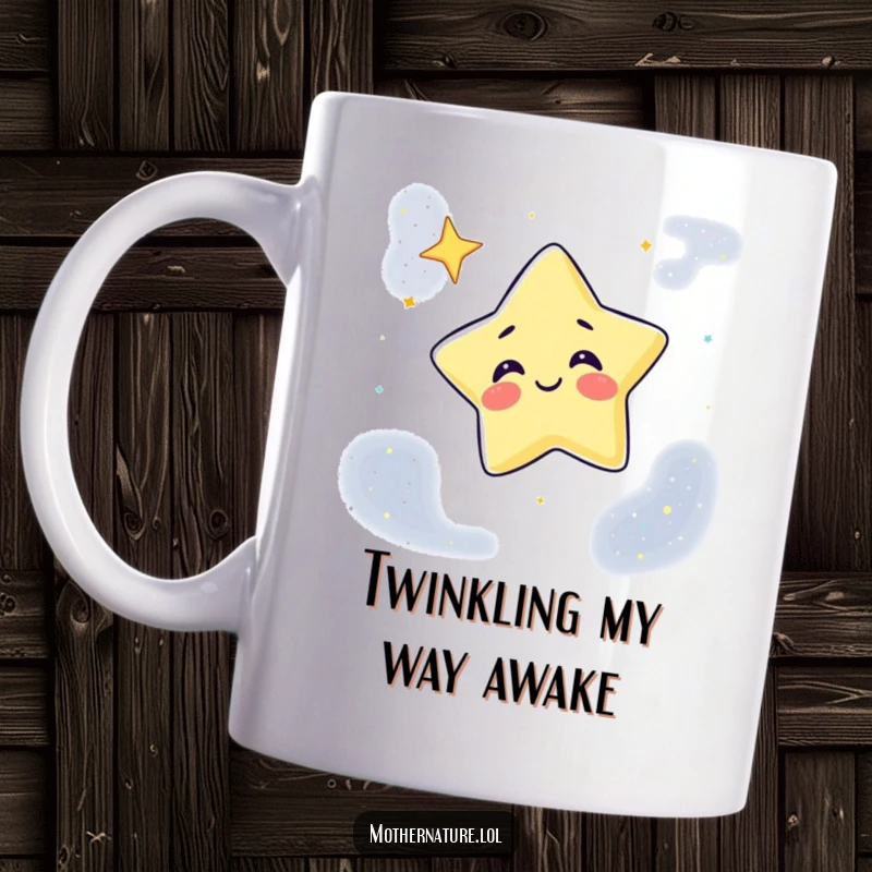 Funny Mug featuring a giggling star character winking playfully from a dark, starry night sky canvas, bringing cosmic cheer.