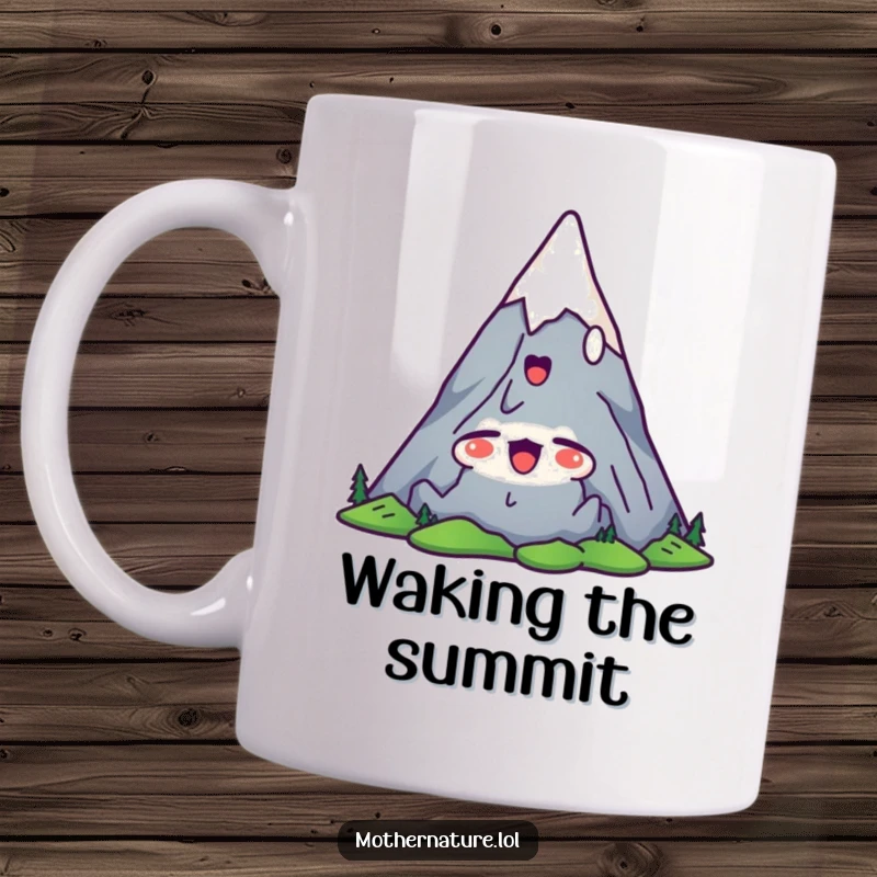 Funny mountain mug featuring a cute character stretching its peaks upwards with a relaxed, satisfied yawn.
