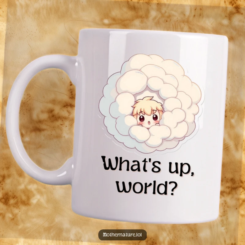 Funny mug with a surprised character peeking with wide eyes from behind a giant, swirling, fluffy cloud formation.