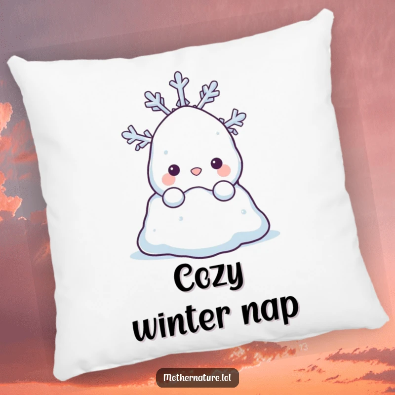Funny pillow with a shy snowdrift character peeking from behind a happy snowflake. Soft and decorative.