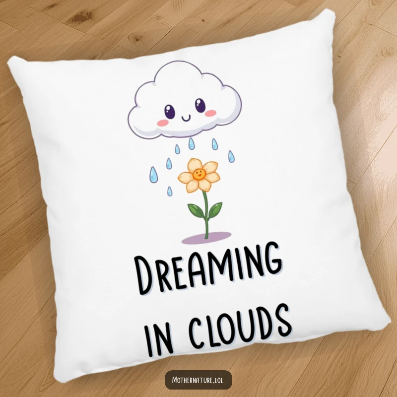 Funny pillow showing a surprised cloud shedding iridescent raindrops onto a happy flower, offering cozy, whimsical comfort.