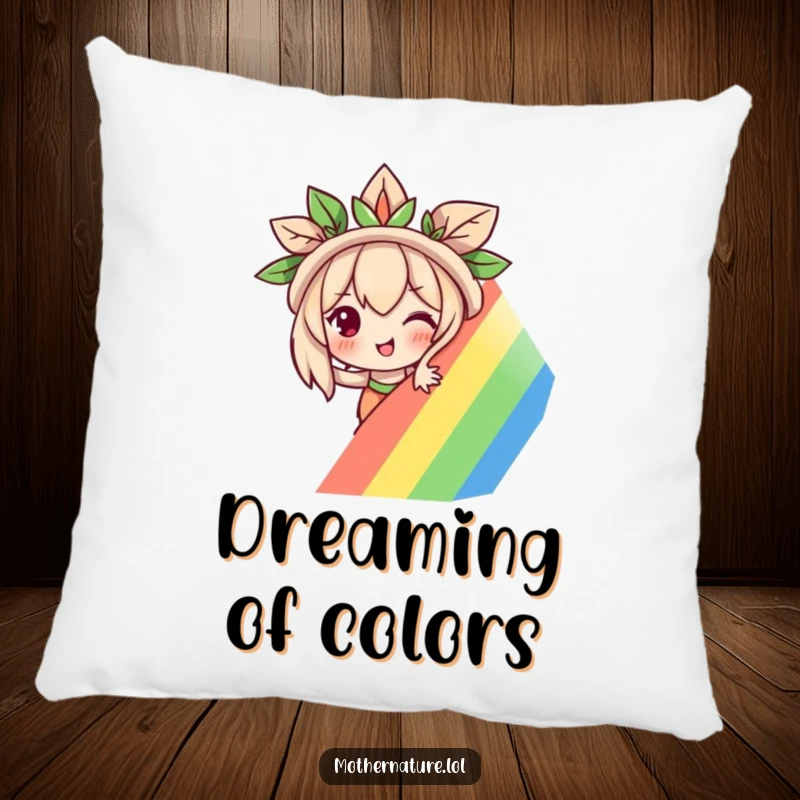 Funny Mother Nature pillow with a mischievous character peeking from behind a vibrant rainbow, adding comfort and playful decor.