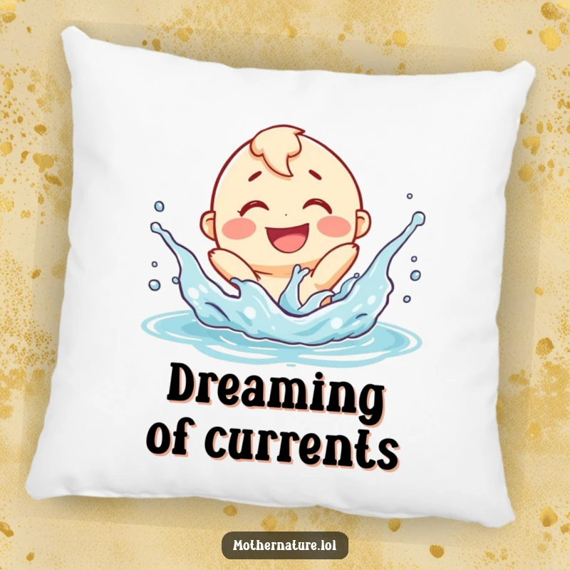 Funny smiling river character pillow, playfully splashing with a delighted expression, providing cozy humor and flowing decor.