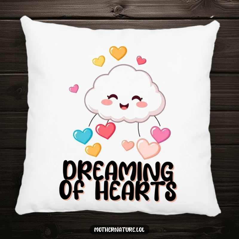 Funny pillow showing a small, cute cloud character laughing heartily while raining a delightful cascade of colorful, bouncy heart-shaped raindrops.