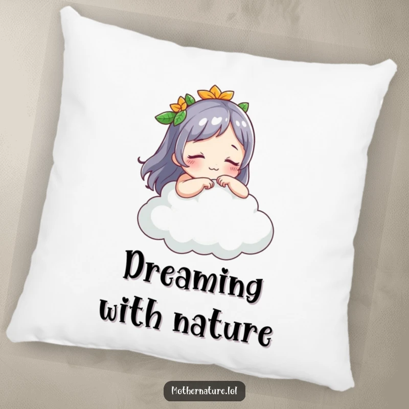 Funny Mother Nature pillow, soft cushion with character tickling a sleeping cloud, cozy and humorous home decor, ideal funny gift.