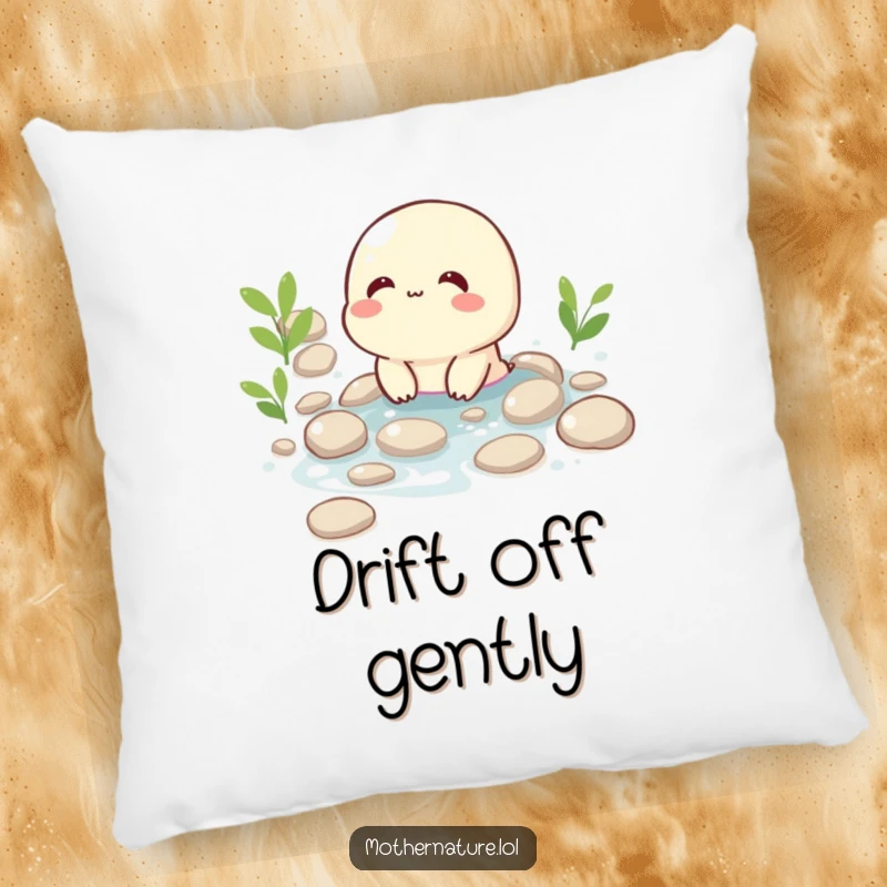 Funny pillow featuring a happy, giggling brook character flowing gently over smooth pebbles, adding a touch of playful comfort.