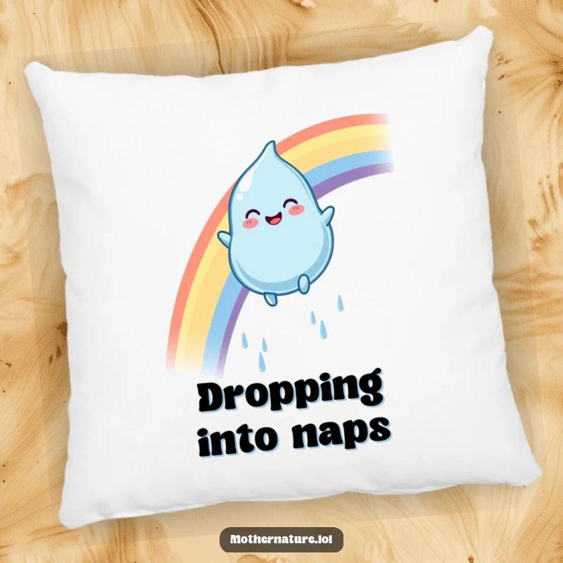 Funny rainbow raindrop pillow with a plump, smiling character sliding gleefully down a colorful arc, offering soft, vibrant comfort.