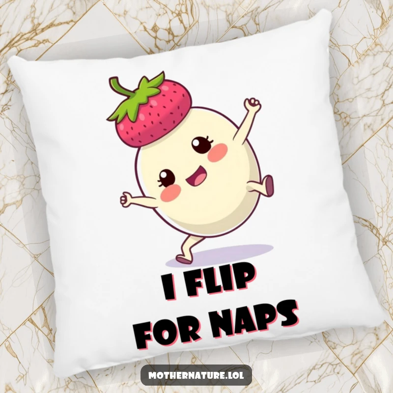 Funny pillow featuring a plump berry in a determined cartwheel pose, adding comfort and a humorous, athletic touch to any space.
