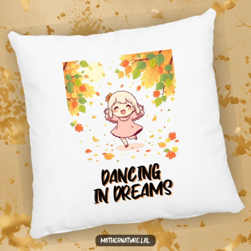 Funny decorative pillow of a character joyfully dancing amidst falling leaves and bright sunshine.