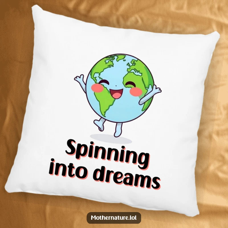 Funny pillow showing a happy little Earth character performing a delightful dance, spinning with its green continents in a cheerful display.