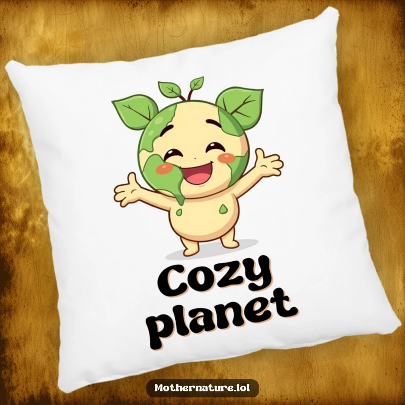 Funny pillow featuring a smiling Earth character with leafy arms, beaming with joyous surprise, offering comfort and a touch of humor.