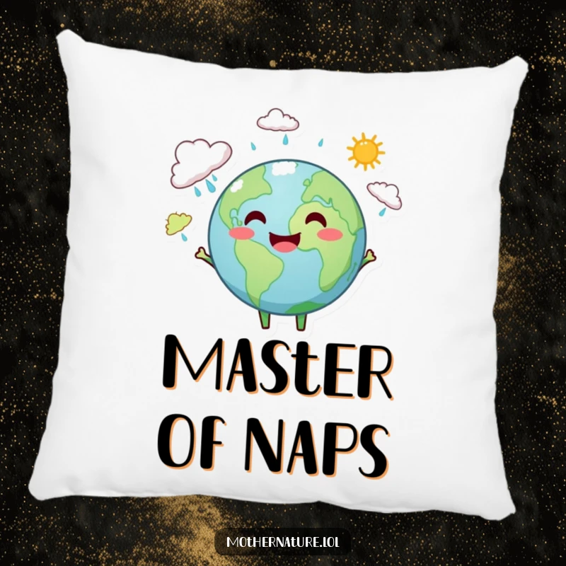 Funny Earth pillow featuring a smiling Earth character juggling small rain clouds and sunshine, adding cheerful decor.