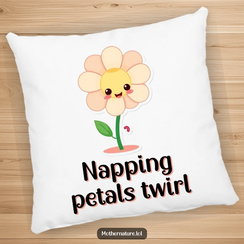 Funny giggling flower character pillow, with tiny dancing legs, twirling cheerfully for cozy humor and decor.