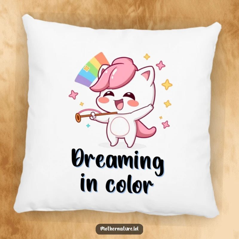 Funny decorative pillow of a mischievous character giggling while orchestrating a colorful rainbow.