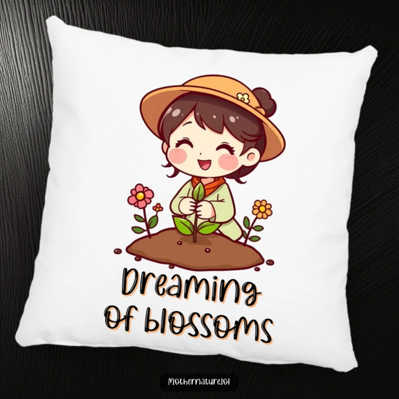 Funny Mother Nature pillow with a cheerful character planting a seed that instantly blossoms into colorful flowers.