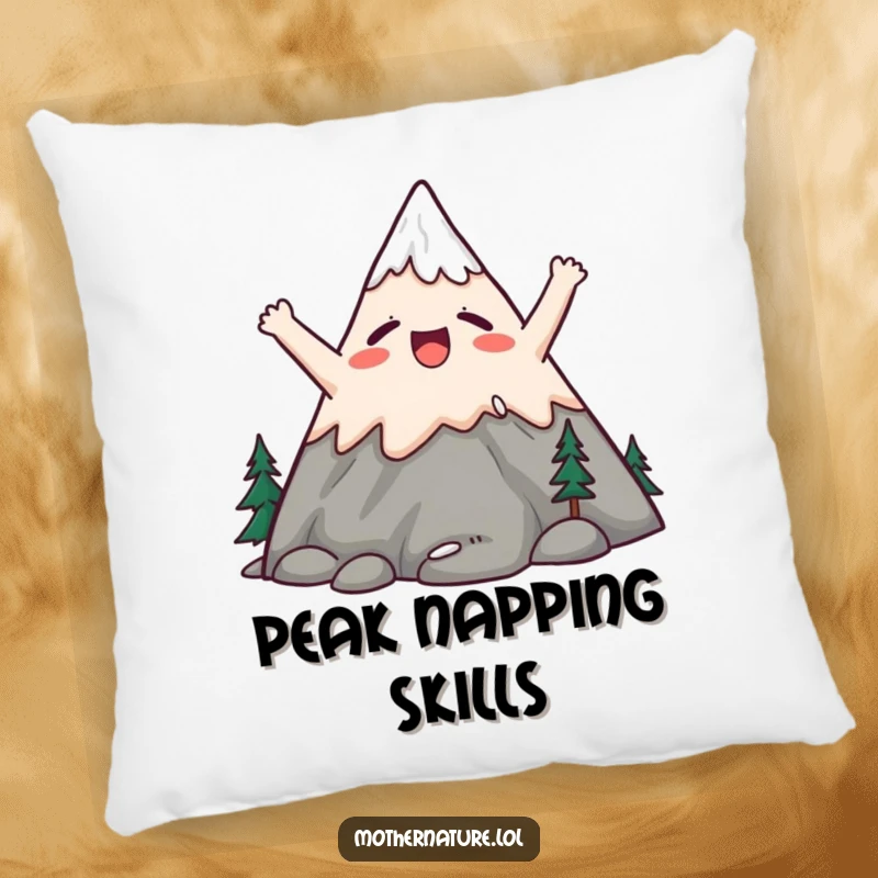 Funny pillow showing a cute mountain character stretching its peaks upwards in a huge, satisfied yawn.