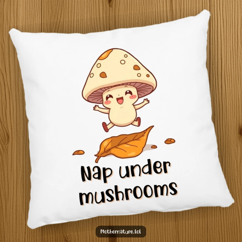 Funny pillow with a cheerful mushroom character with legs mid-leap over a fallen leaf, offering cozy woodland charm.