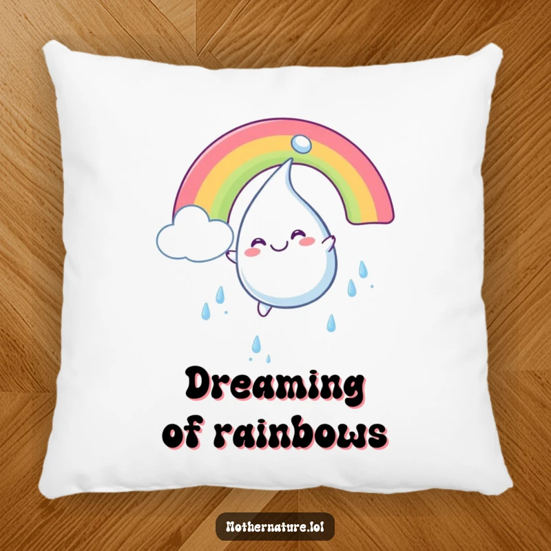 Funny pillow showing a plump, smiling raindrop character having an exhilarating ride down a bright, colorful rainbow.