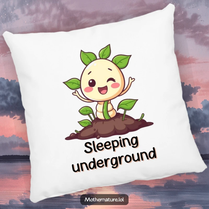 Funny pillow with a cheerful seed character sprouting out of the ground. Soft, comfortable, and humorous decor.