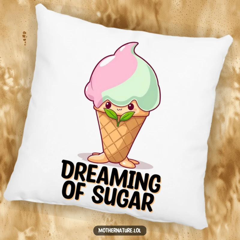 Funny shy sprout pillow, peeking from behind a melting ice cream cone, soft and humorous decor, delightful gift.