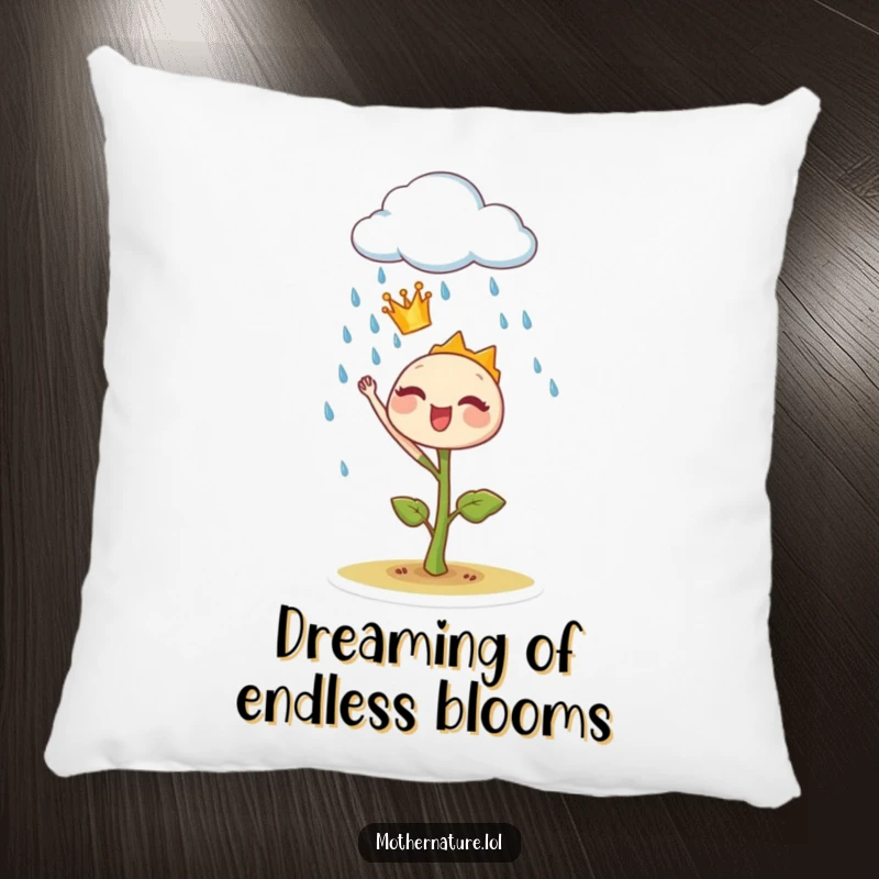 Funny sprout crown pillow, depicting a tiny plant ruler joyfully commanding a rain cloud, offering comfort and botanical humor.