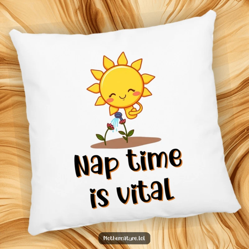 Funny pillow featuring a smiling sun character watering a sad, drooping flower, perfect for cozy decor.